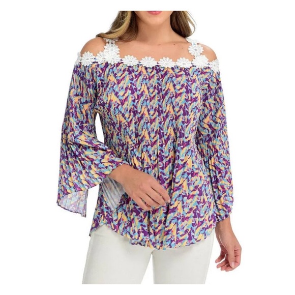Kate & Mallory Tops - Kate & Mallory Pleated Chiffon 3/4 Bell Sleeve Crochet Trimmed Off Shoulder Top